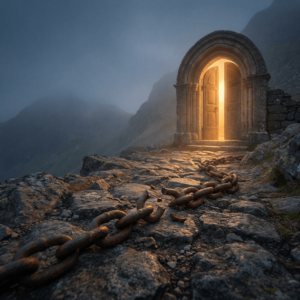 Stone doorway emitting golden light with a broken chain on a rocky mountain path.