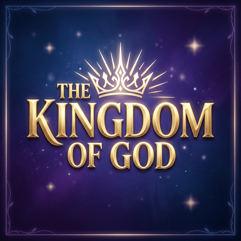 Golden text reading The Kingdom of God with a radiant crown symbol on a purple starry background