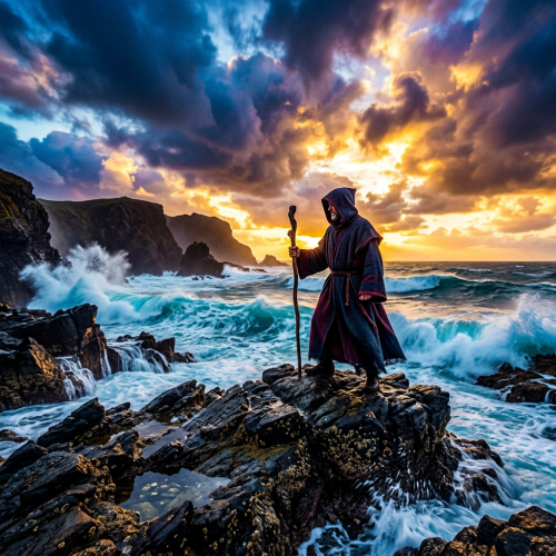 A person in a dark hooded robe holding a wooden staff stands on jagged rocks by a turbulent ocean during a dramatic sunset.