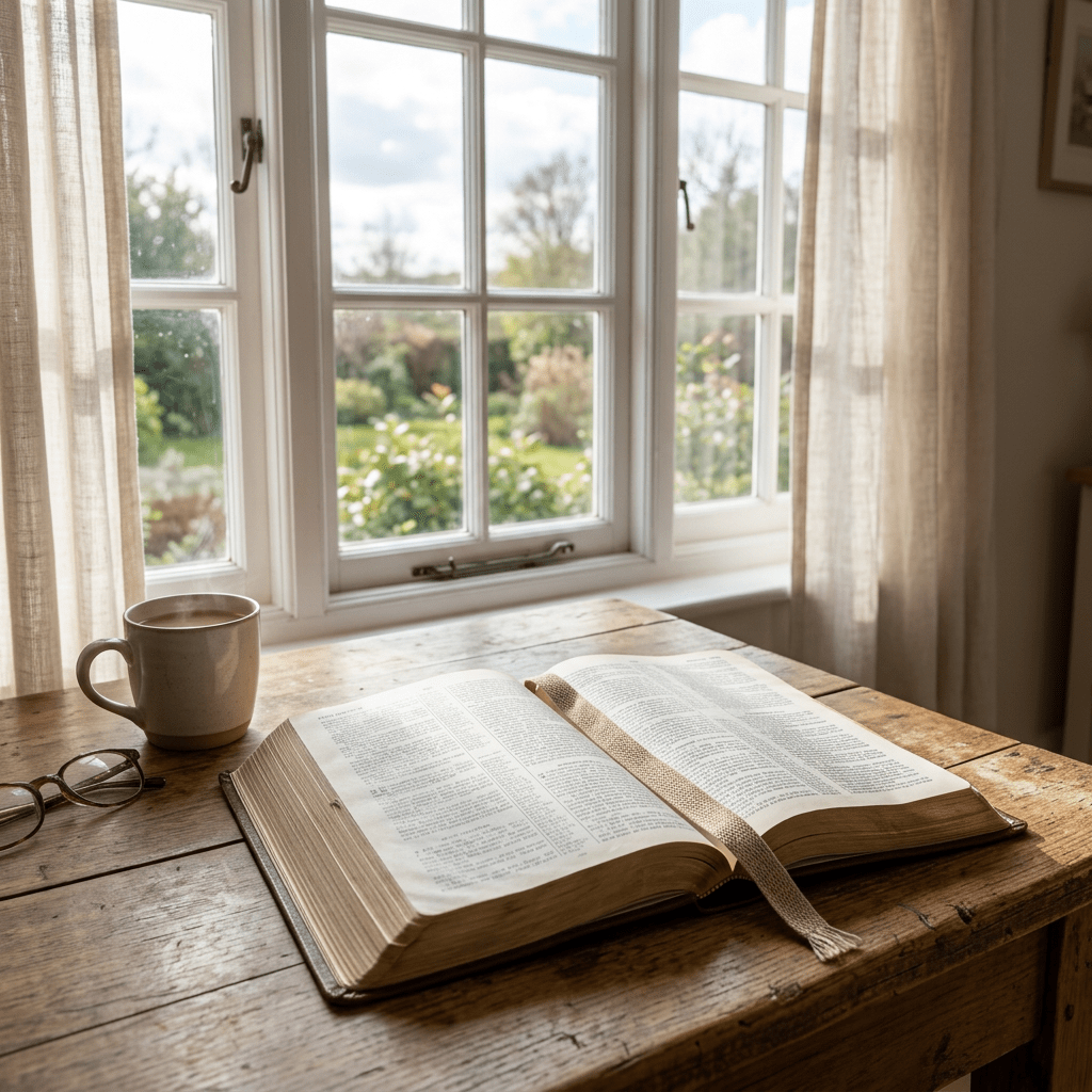 Open book with bookmark, coffee mug, and glasses on wooden table by window