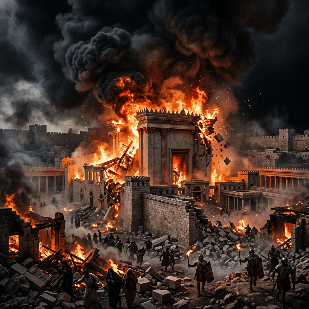 Ancient temple blazing with fire and smoke while people flee and soldiers hold torches